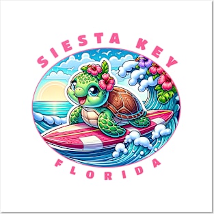 Siesta Key Florida Girls Cute Surfing Sea Turtle Posters and Art